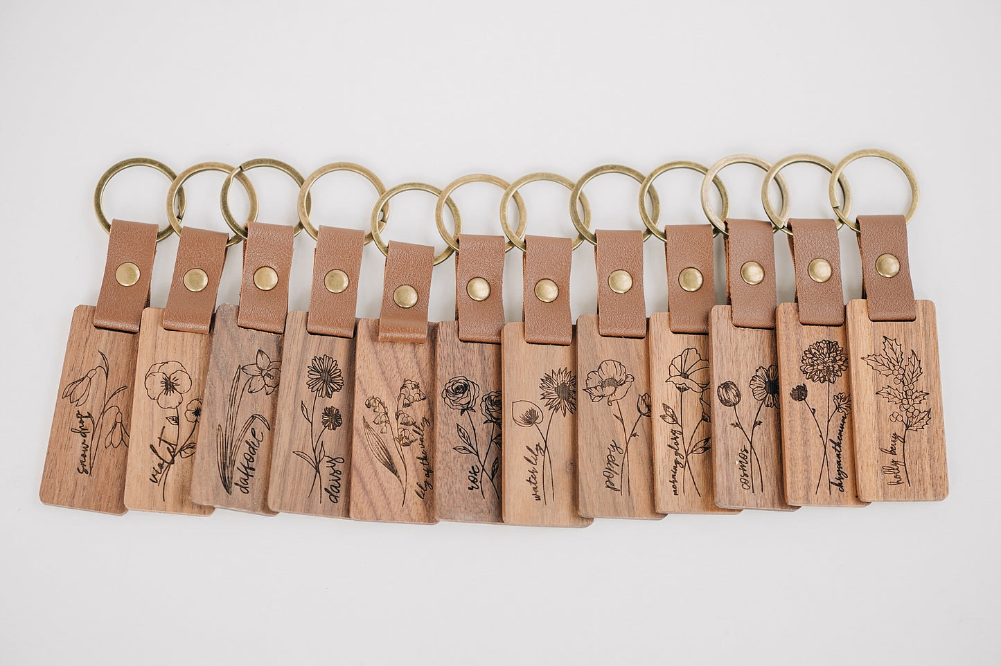 Engraved Walnut Birth Month Flower Keychain