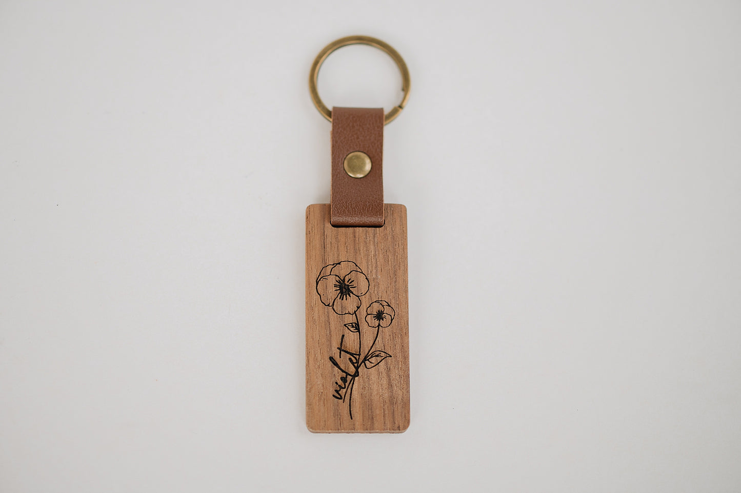 Engraved Walnut Birth Month Flower Keychain