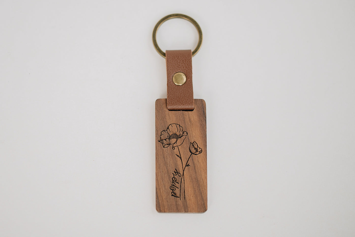 Engraved Walnut Birth Month Flower Keychain