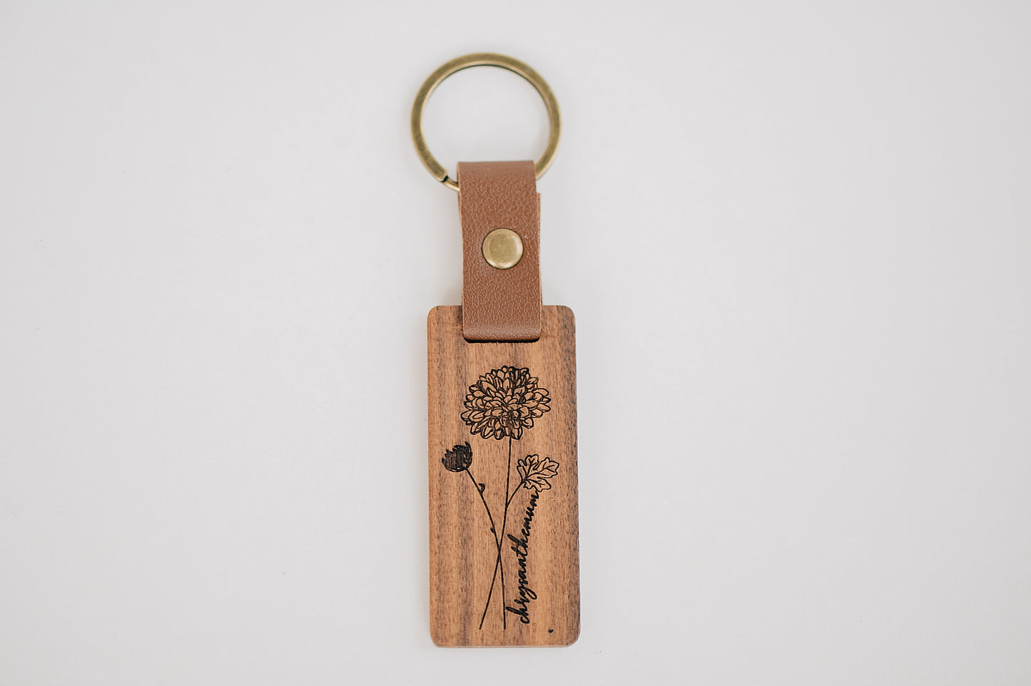 Engraved Walnut Birth Month Flower Keychain