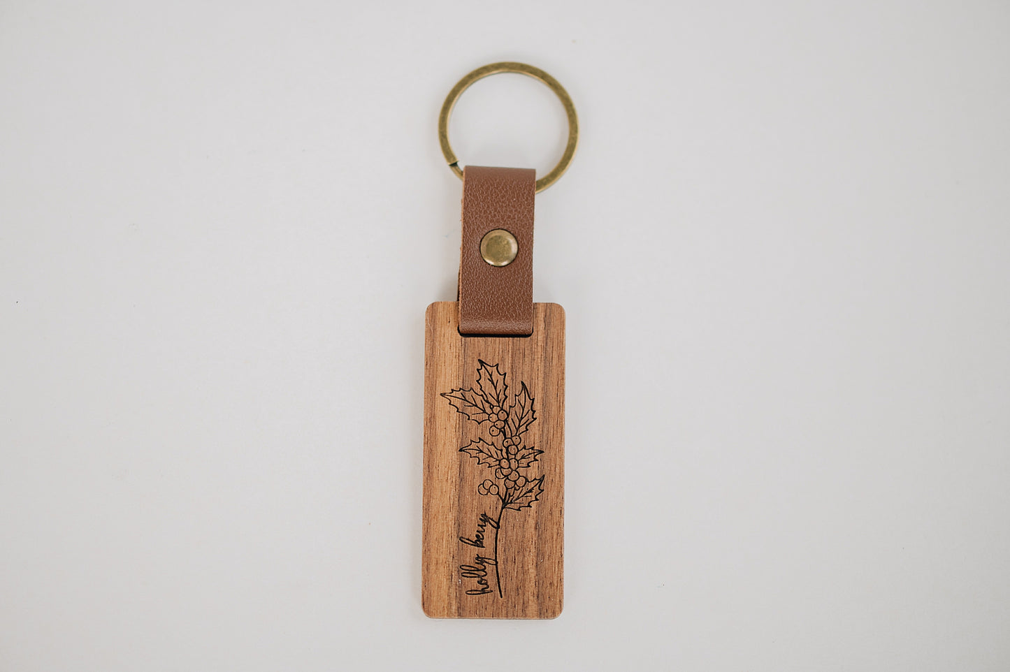 Engraved Walnut Birth Month Flower Keychain