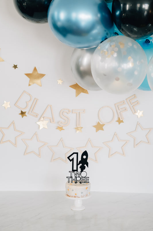 First Birthday Space Birthday Cake Topper with Rocket Ship