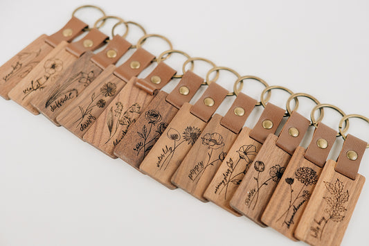 Engraved Walnut Birth Month Flower Keychain