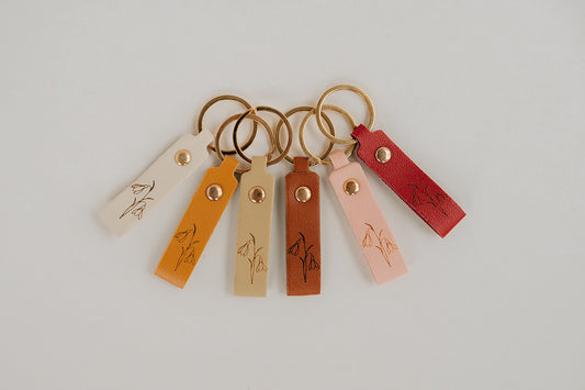 Leather Engraved Birth Month Flower Keychain