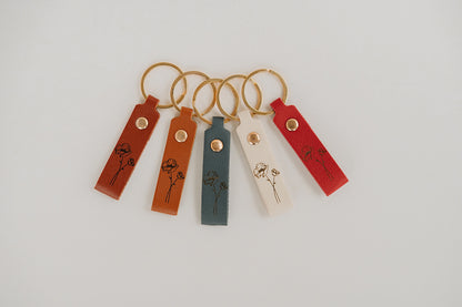 Leather Engraved Birth Month Flower Keychain