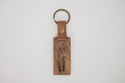 Engraved Walnut Birth Month Flower Keychain