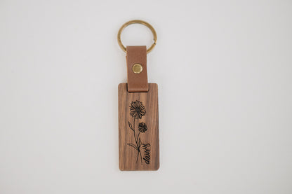 Engraved Walnut Birth Month Flower Keychain