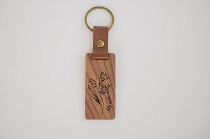 Engraved Walnut Birth Month Flower Keychain