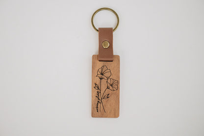Engraved Walnut Birth Month Flower Keychain