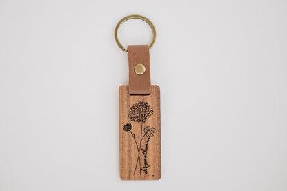 Engraved Walnut Birth Month Flower Keychain