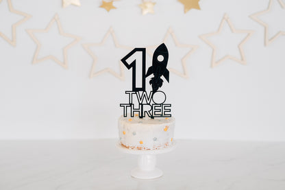 First Birthday Space Birthday Cake Topper with Rocket Ship
